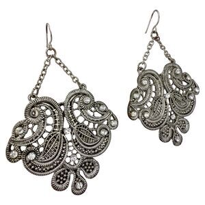 Silver Tone Rhinestone Chandelier Earrings 2.75" Dangle Large Filagree